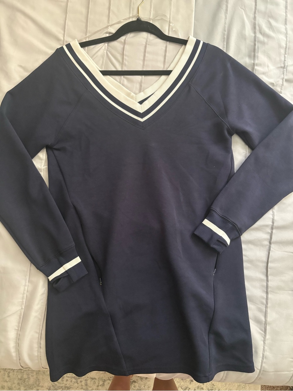 Aerie Navy V-Neck Dress with White Stripe Trim
